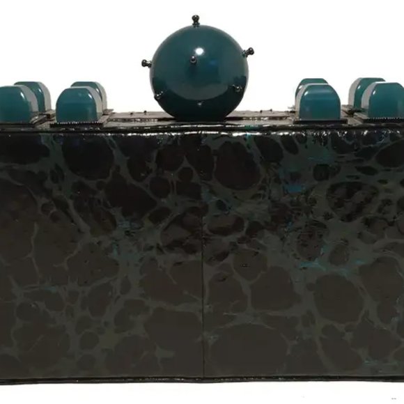 Tonya Hawkes Black Teal and Green Leather Paint Splatter Convertible Clutch - Picture 3 of 8